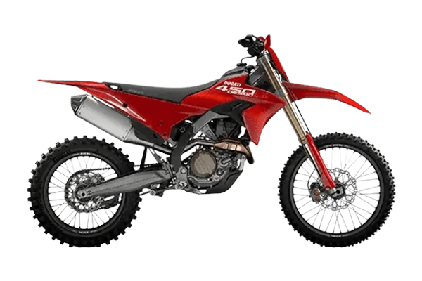 Studio side-profile of the Ducati Desmo450 EDX enduro bike in Ducati red with black saddle and gold forks, on a transparent background — flagship of the premium fleet tier.