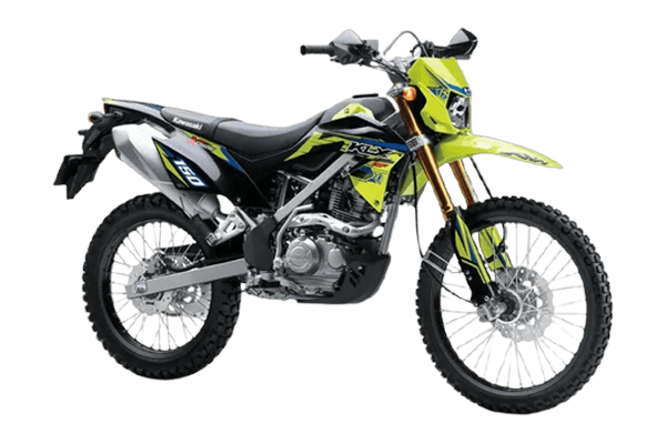 Studio three-quarter front product shot of a green-and-yellow Kawasaki KLX150 dual-sport trail bike fitted with mirrors and a number plate, on a transparent background — road-legal entry option.