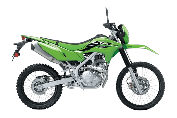 Studio side-profile product shot of a 2025 Kawasaki KLX230 dual-sport trail bike in lime-green plastics with mirrors and a number plate, on a transparent background — the step-up entry option.