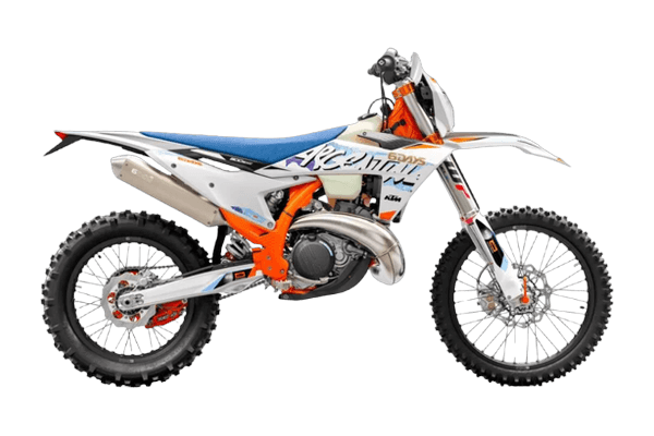 Studio side-profile of the 2024 KTM 300 EXC Six Days two-stroke — WHITE bodywork with blue saddle, expansion-chamber pipe and "Arcadia" Six Days graphics — on a transparent background.