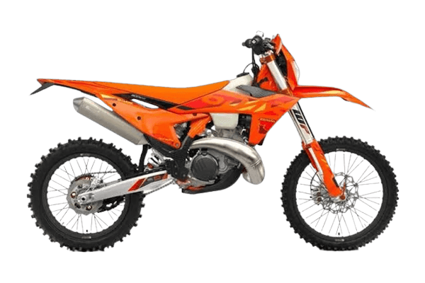 Studio side-profile of the 2025 KTM 300 EXC Six Days two-stroke — ORANGE bodywork with white-and-orange Six Days graphics, expansion-chamber pipe and knobby enduro tyres — on a transparent background.