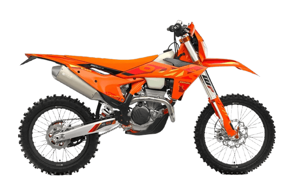 Studio side-profile of a 2025 KTM 350 EXC-F Six Days edition in orange-and-black España livery — four-stroke engine, slip-on exhaust and knobby enduro tyres — on a transparent background.