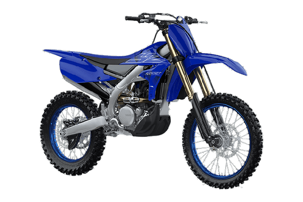 Studio three-quarter front product shot of a Yamaha YZ250FX cross-country enduro bike in factory blue plastics with black saddle and gold inverted forks, on a transparent background.