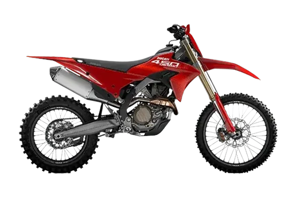 Studio side-profile of the Ducati Desmo450 EDX enduro bike in Ducati red with black saddle and gold forks, on a transparent background — flagship of the premium fleet tier.