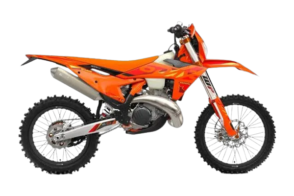 Studio side-profile of the 2025 KTM 300 EXC Six Days two-stroke — ORANGE bodywork with white-and-orange Six Days graphics, expansion-chamber pipe and knobby enduro tyres — on a transparent background.